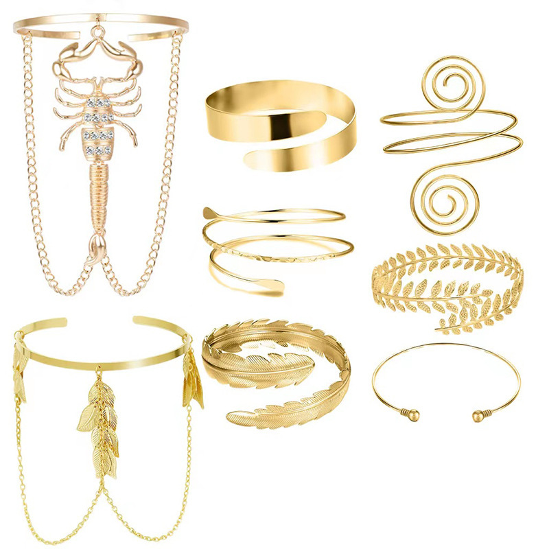 8 pieces arm sleeve upper arm band cuff bracelet minimalist simple coil bangle women Silver Gold adjustable arm band suit