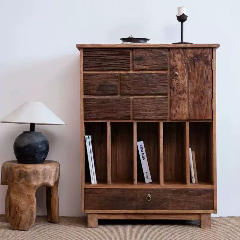 老榆木靠墙餐边柜客厅复古茶水柜民宿中古风客厅家具收纳展示柜