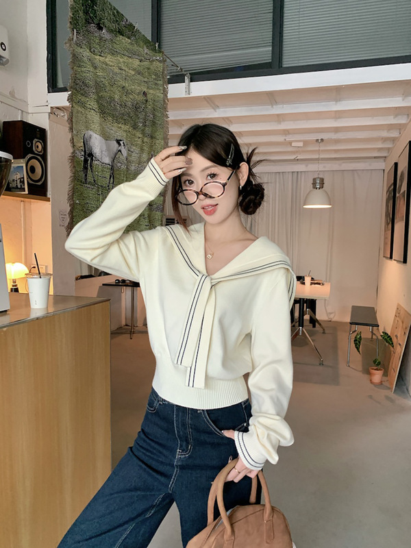 海军领披肩针织衫女装2025秋季新款高级感内搭毛衣上衣短款打底衫|undefined