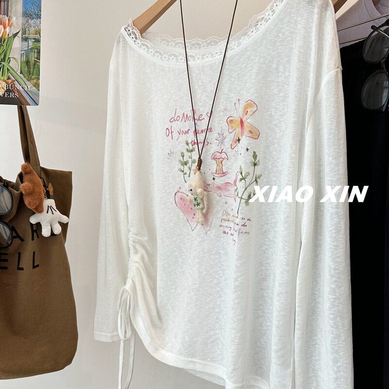 Gentle off-shoulder design~Beautiful butterfly and heart print, lace-trimmed off-the-shoulder neckline, ruched ultra-thin long-sleeve T-shirt for women, sun protection clothing Gentle off-shoulder design~Beautiful butterfly and heart print, lace-trimmed off-the-shoulder neckline, ruched ultra-thin long-sleeve T-shirt for women, sun protection clothing