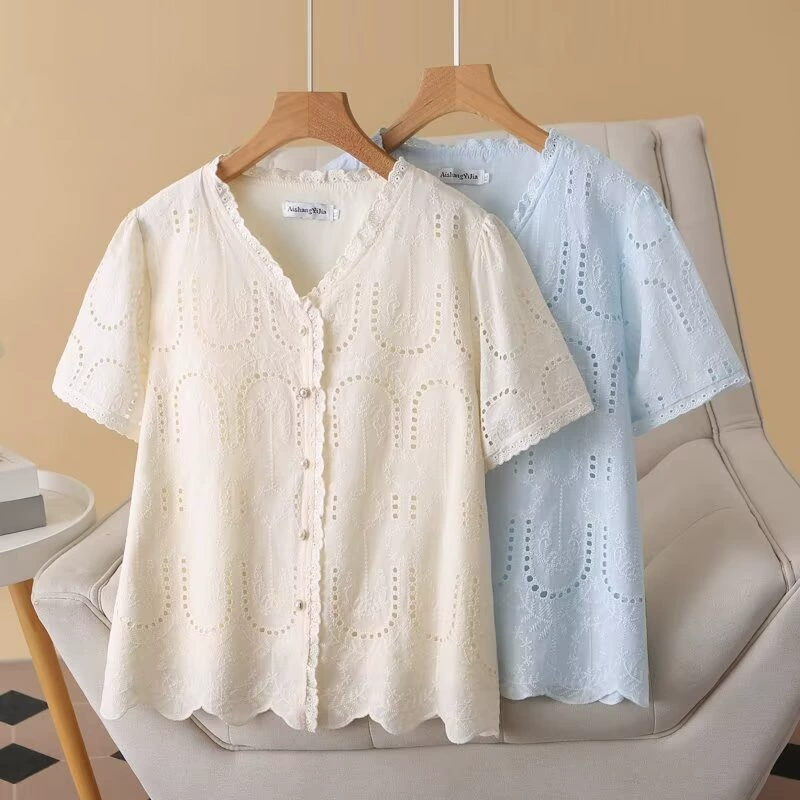 Женская летняя рубашка больших размеров в классическом стиле с вырезами и вышивкой, универсальная рубашка с короткими рукавами, 67180