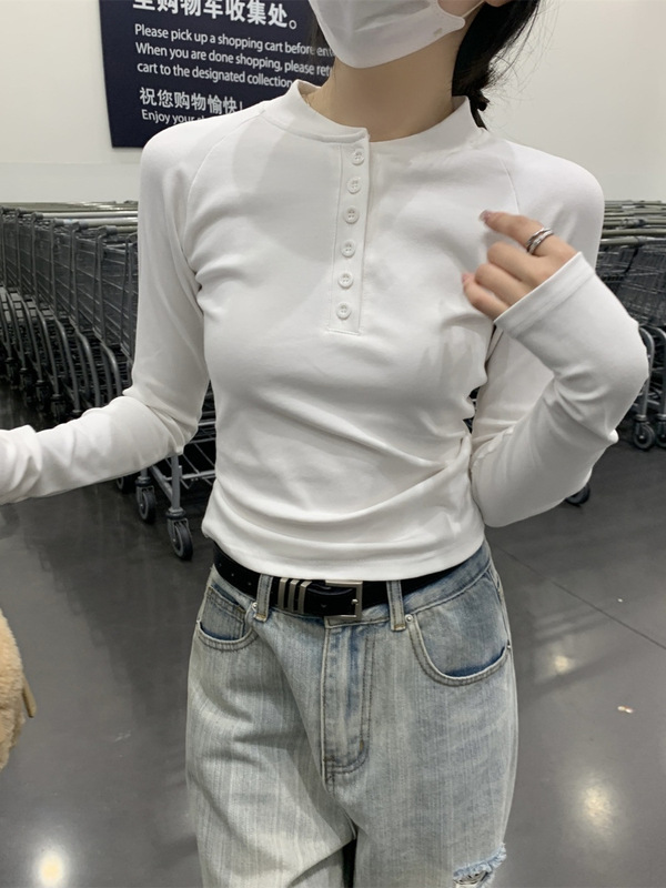 纽扣半开领长袖T恤女春秋冬季2025设计感插肩袖内搭短上衣打底衫|undefined