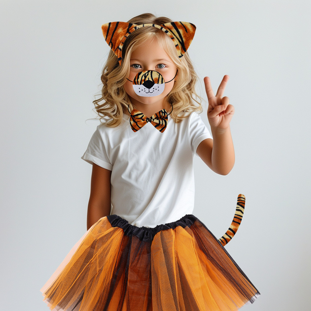 Venta caliente transfronteriza Diadema de animales de Halloween Diadema de orejas de tigre Traje de nariz Bola de leopardo para niños Vestir mujer