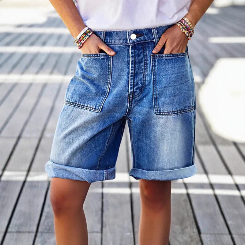 Cross-border Amazon European and American stretch denim jeans with rolled hems, seam patch pockets, mid-waist, barrel-leg short jeans for women Cross-border Amazon European and American stretch denim jeans with rolled hems, seam patch pockets, mid-waist, barrel-leg short jeans for women
