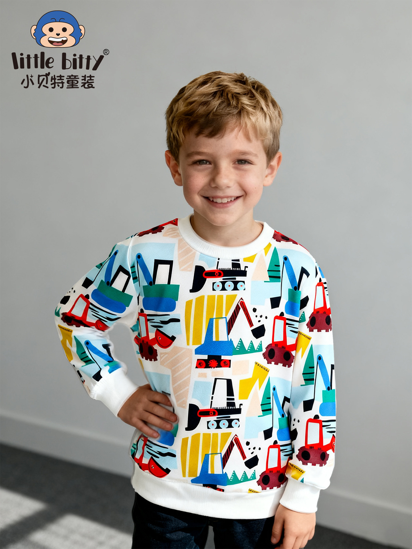 Cross-Border Children's Clothing Supply 25 Autumn and Winter Children's Sweatshirts Cartoon Excavator Print Round Neck Pullover Sweatshirt Wholesale