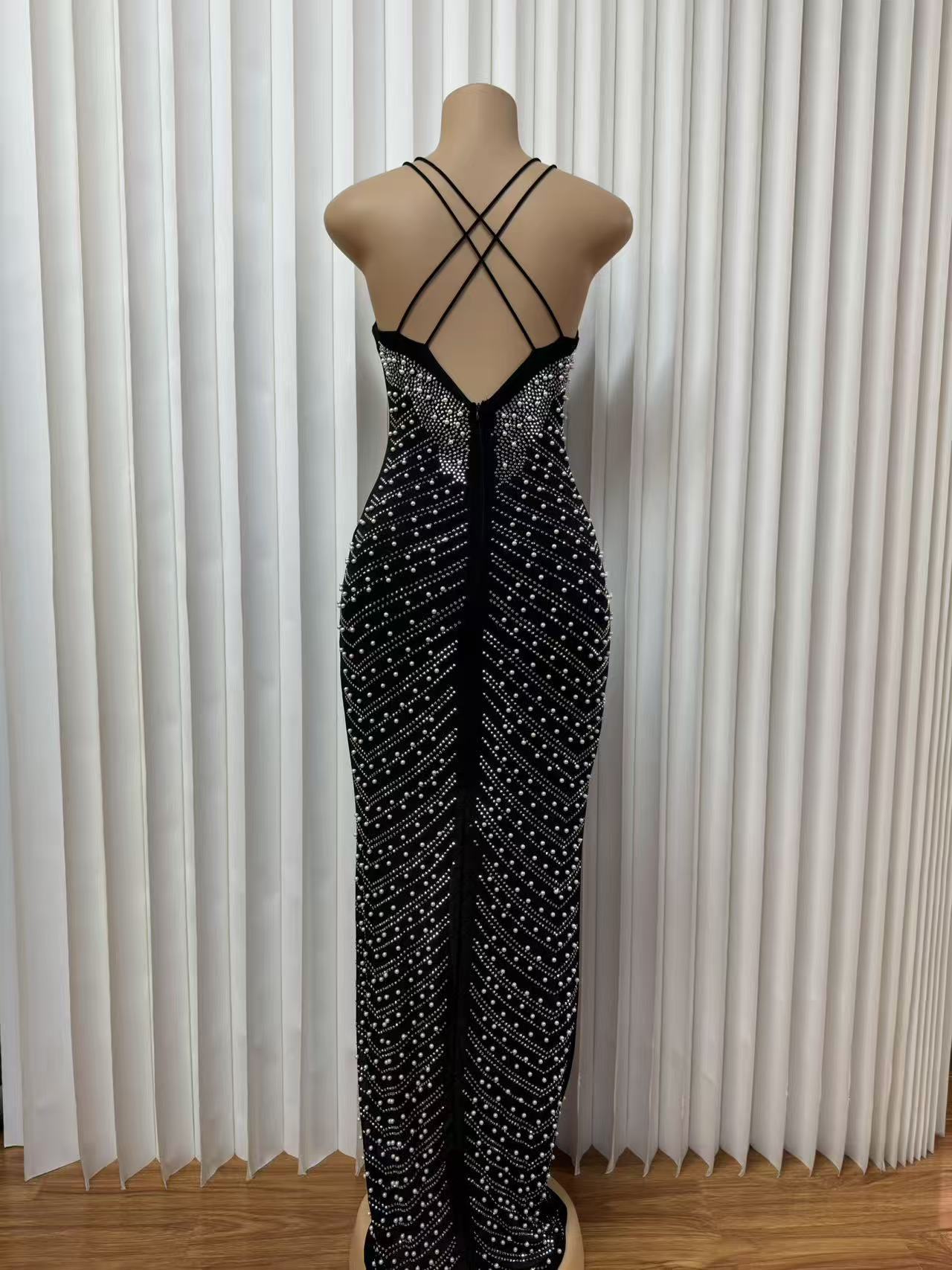 Elegant Backless Bodycon Midi Dress With Pearl Accents | Sexy Mesh & Rhinestone Strap Dress For Parties & Date Nights_ecoleips.com