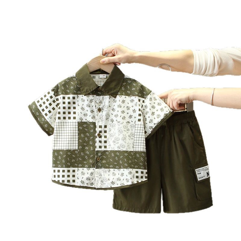 7866 traje de verano para niños 2025 nuevo estilo para niños camisa de moda estilo occidental pantalones cortos ropa de verano de dos piezas de moda
