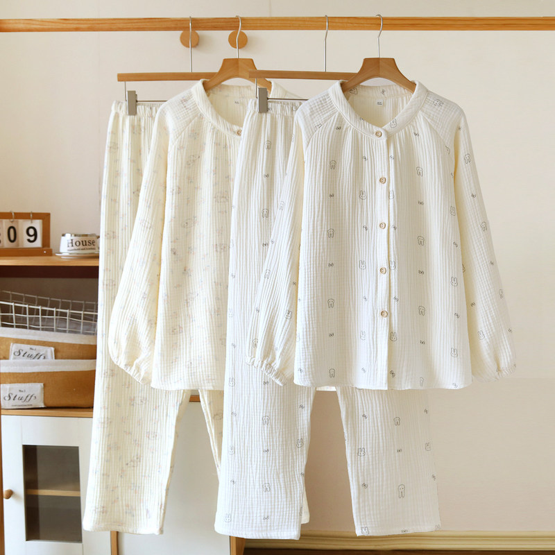 Pure cotton four-layer gauze pajamas for women, suitable for spring, autumn, and winter, long-sleeved cardigan style, casual loungewear set, A-grade, plus size Pure cotton four-layer gauze pajamas for women, suitable for spring, autumn, and winter, long-sleeved cardigan style, casual loungewear set, A-grade, plus size