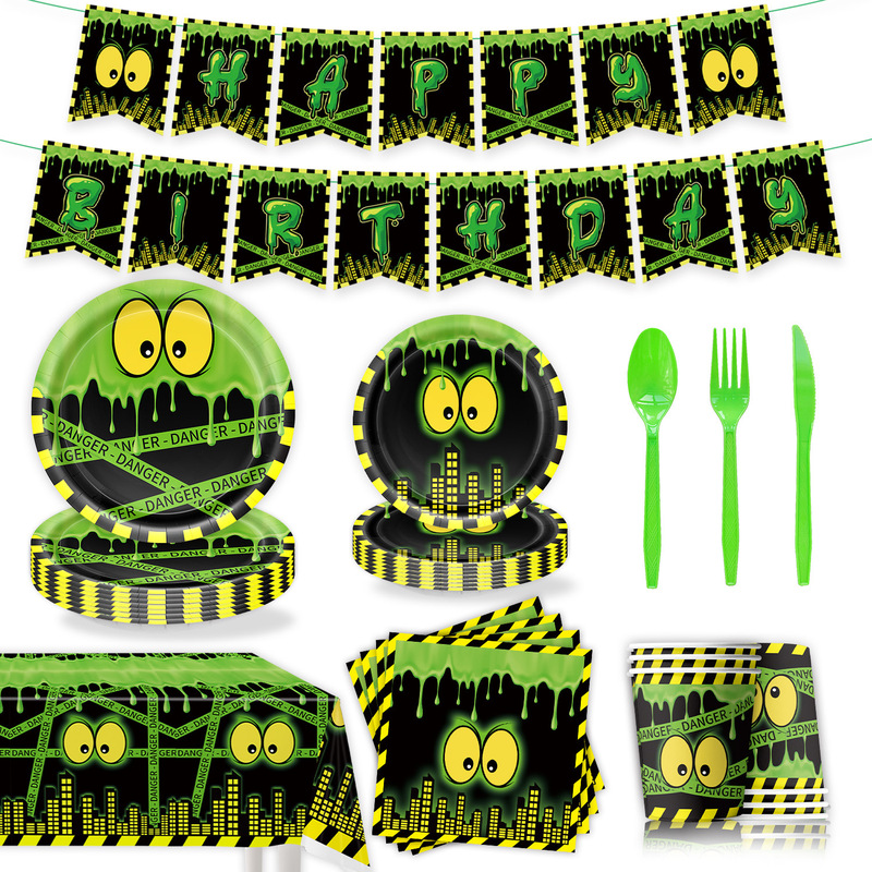 Horror Slime Monster Birthday Decoration Set Cartoon Paper Plates Napkins Paper Cups Banner Boy's Funny Theme Party