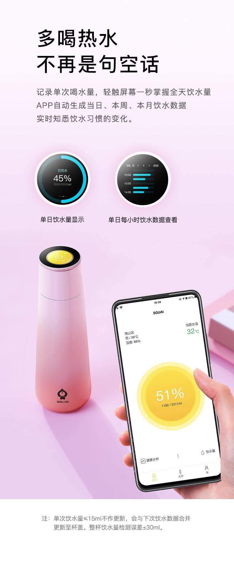sguai小水怪m2智能保温杯316杯温度显示1.3寸彩屏水杯饮水量检测