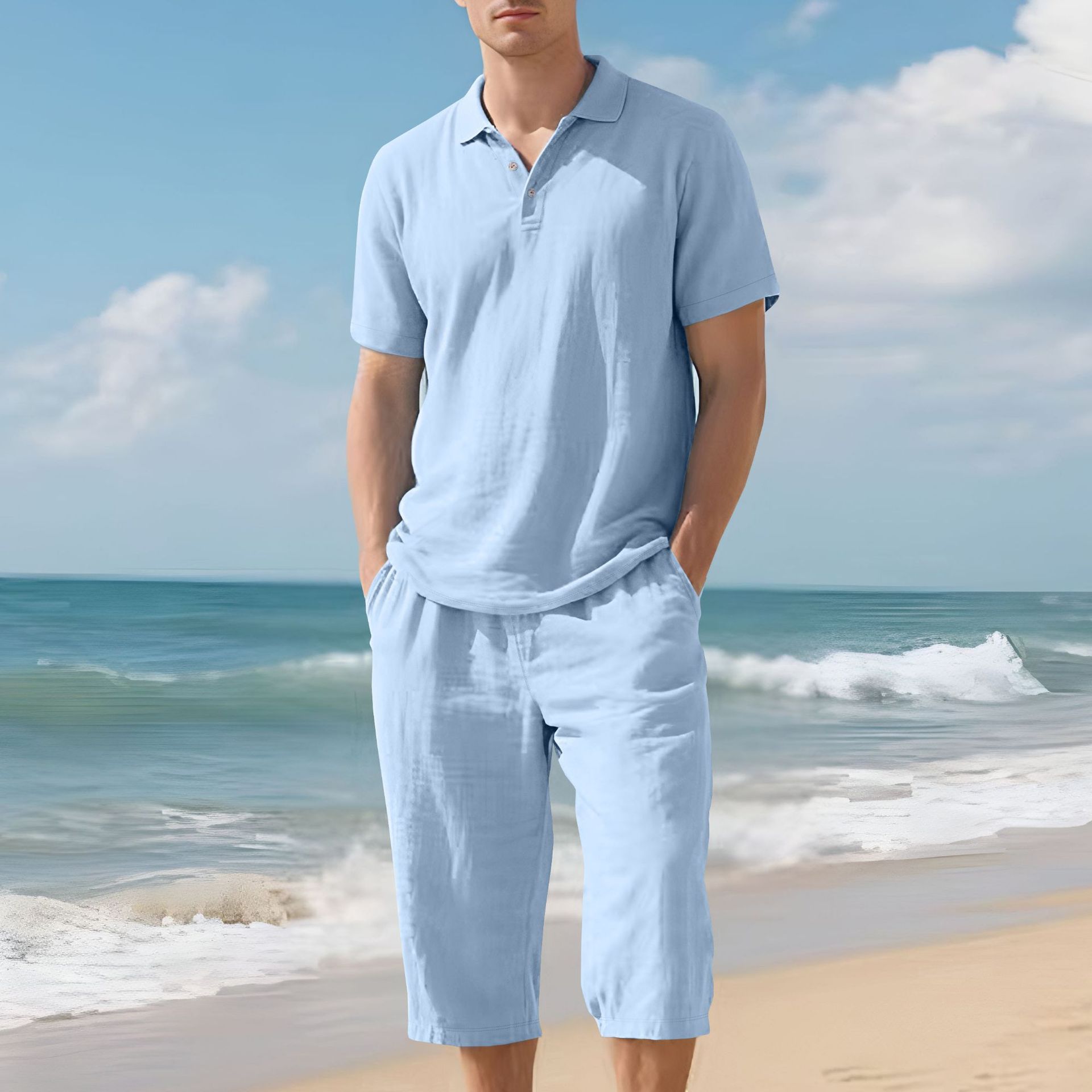 Transfronterizo Amazon Europa y América verano hombres sueltos casual lino transpirable camisa POLO traje de pantalón corto con mangas de playa
