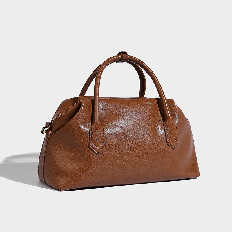 Bolsos de Boston de piel bronceada vegetal retro bolsos de bolera portátiles bolsos de mujer otoño e invierno 2024 nuevos bolsos de Usnea de hombro único