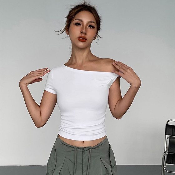 European and American Fashion Simple Commuter Style Solid Color Asymmetrical Cropped Top Women's Clothing 2025 Summer Versatile New Cross-Border