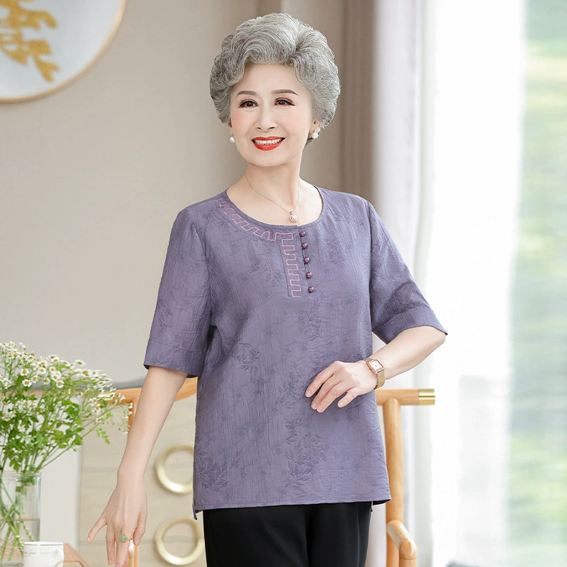 Летнее платье для пожилых женщин Тинси с короткими рукавами Футболка для бабушки костюм для мамы Летний ледяной шелк топ для старой леди одежда