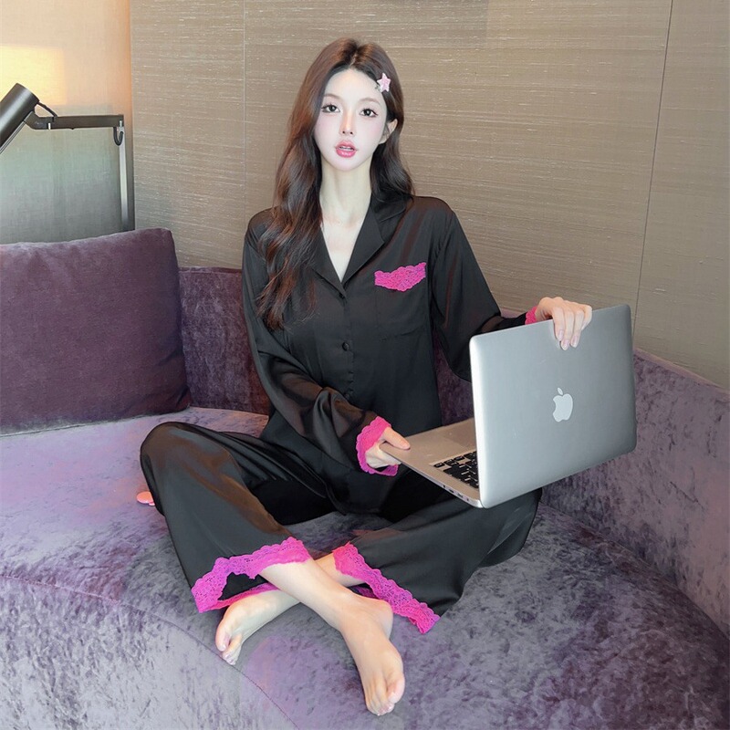 High-grade black pajamas women's spring and autumn Barbie pink lace long-sleeved pure cardigan can be worn outside home wear suit
