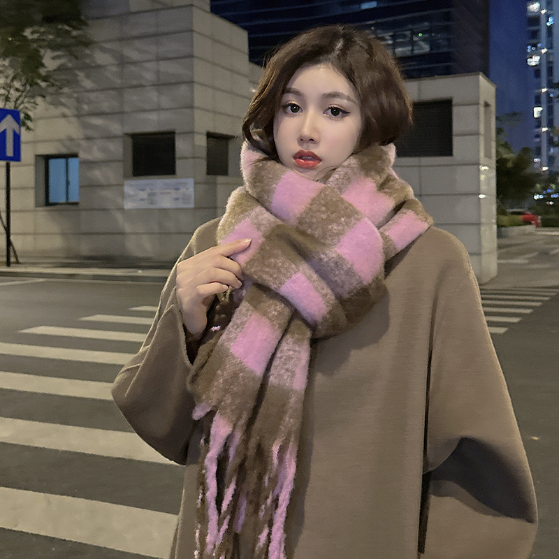 Otoño e invierno nuevo europeo y americano Za beige gris plaid cachemira-como borla bufanda comercio exterior solo mohair alargado cálido chal