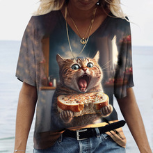 2024外贸夏季款短袖T恤女 V领卡通猫咪3D印花欧美外贸女装货源批