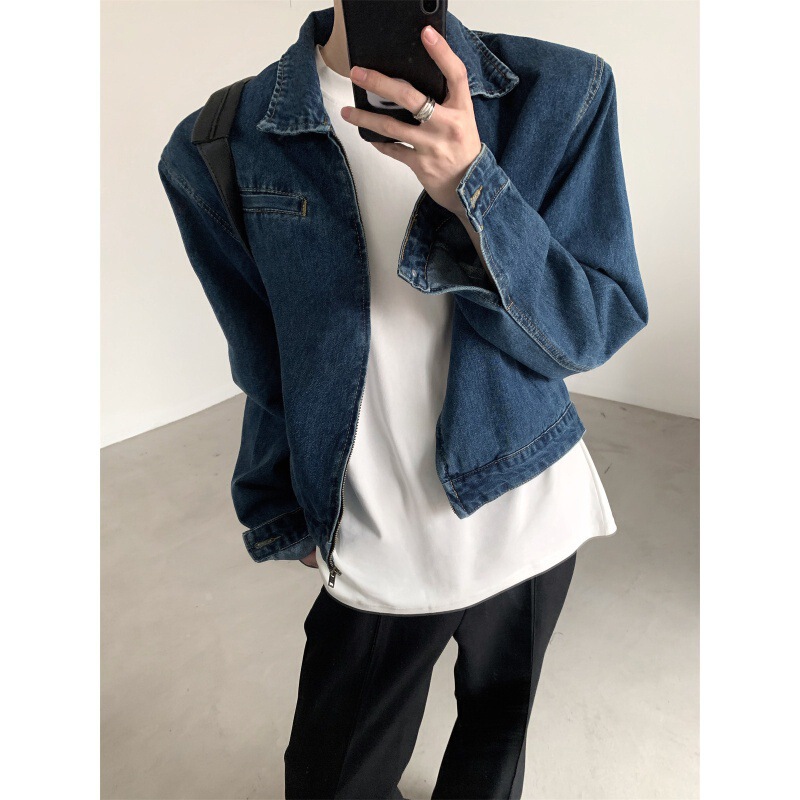 2024 New Minimalist Profile Niche High-end Short Denim Jacket Men's Retro Washed Design Shoulder Pad Jacket