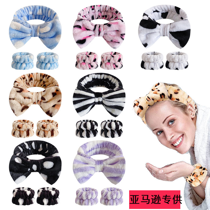 Europa y América transfronteriza leopardo punto arco banda correa para la muñeca traje de las mujeres de lavado de cara diadema franela absorbente correa para la muñeca