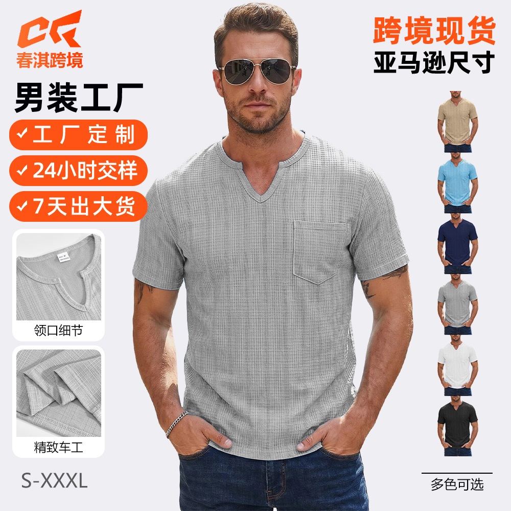 Transfronterizo Amazon hombre de verano imitación de lino de cuello V camiseta de color sólido europea y americana transpirable gran tejido americano de manga corta