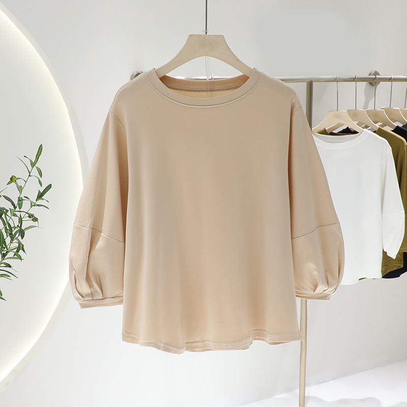 Sfyuan Early Autum Round Neck T-Shirt Lantern Sleeve Pure Color Bottoming Shirt Loose Belly-Covering Top Unique Women Slimming Look