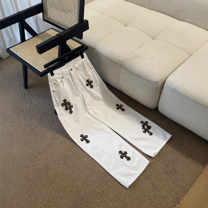 High Version ~ Ch Crowe New White Leather Cross Patch Leather Embroider Washed Jeans Fashion Trendy Brand Women