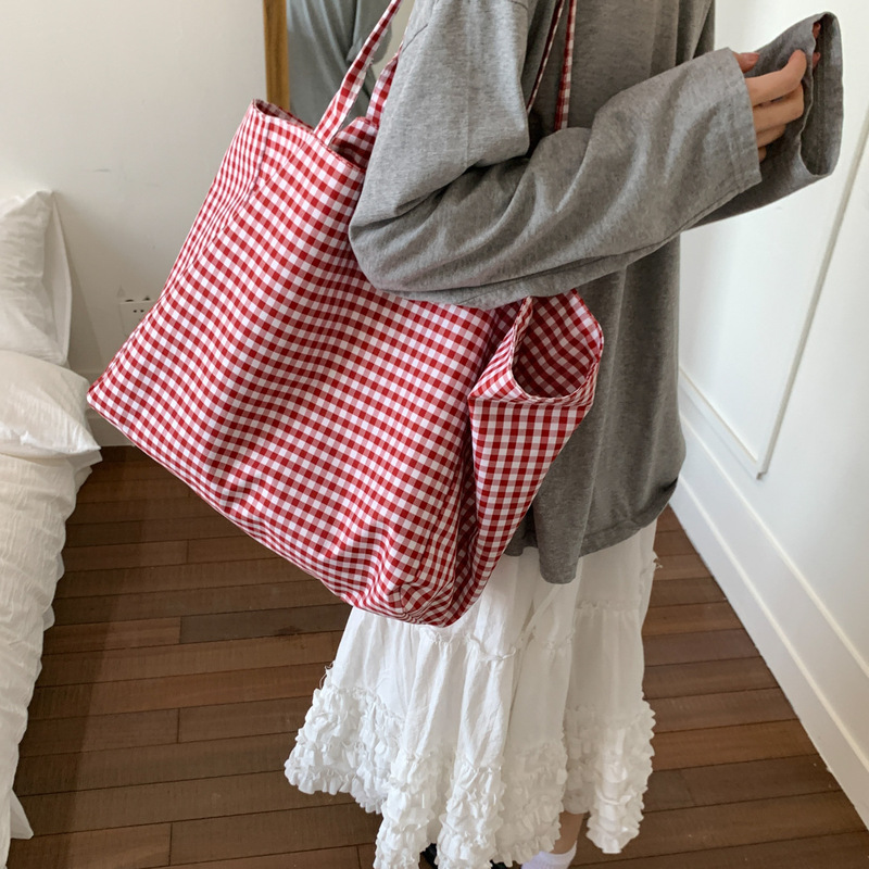 Original Niche Large-Capacity Canvas Bag for Women Summer 2025 New Versatile Double-Sided Plaid Handbag Student Tutoring Bag