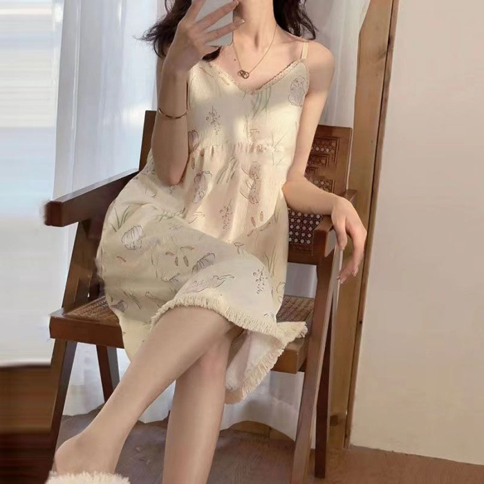 Verano nuevo vestido de dormir damas cojín de pecho lindas flores de cuello V ropa de dormir vestido de vestir en el viento comercio exterior puede ser un agente