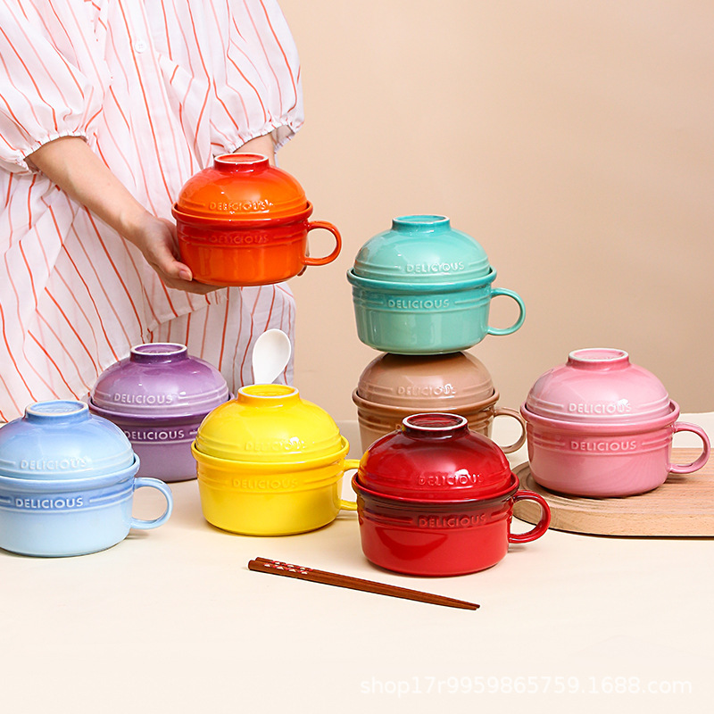 Noodle Bowl Ceramic Lunch Box with Lid Student Dormitory Household Tableware Bowl Chopsticks Set Single Large Rice Bowl Microwave Oven