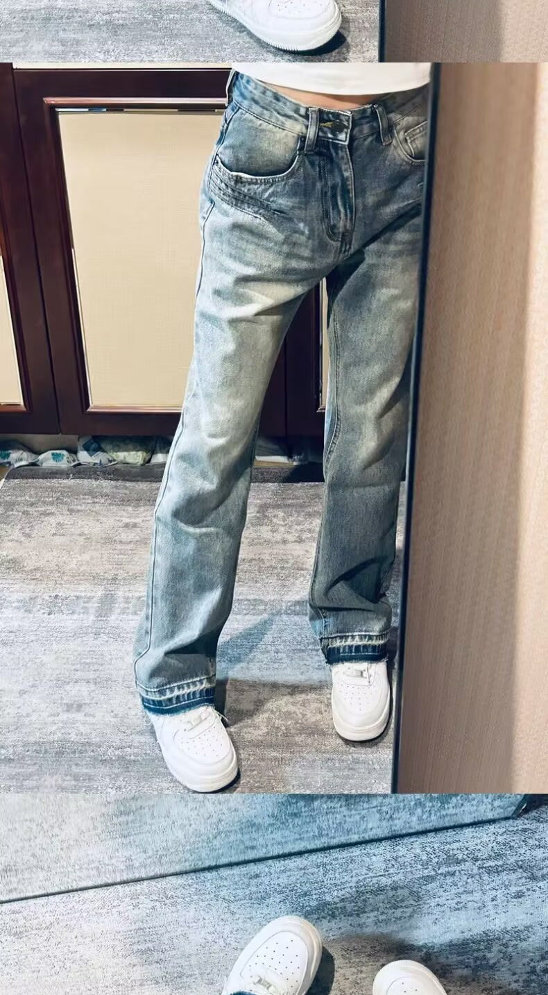 Teen Washed Denim Jeans American Style Summer Trendy Unisex High Street Loose Straight Leg Pants mid Waist Blue Long Non-Stretch_mkmklike.com