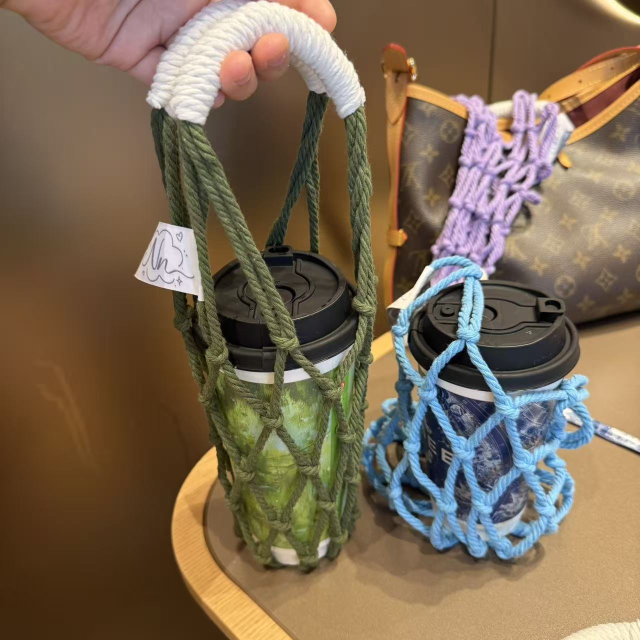 双提手水杯网兜杯子套手工编织户外休闲手拎水杯网兜复古网红杯套