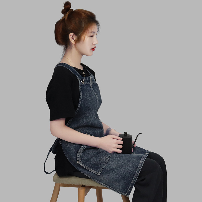 Comercio exterior puro algodón lavado delantal de mezclilla logotipo personalizado estudio arte estudiante restaurante ropa de trabajo delantal al por mayor personalizado