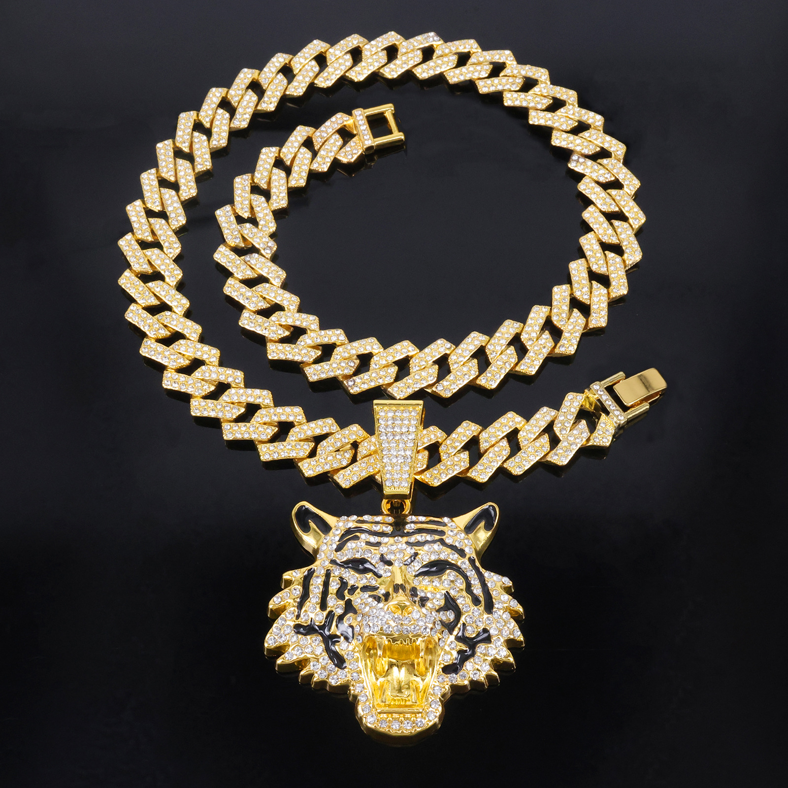 Europe and the United States cool three-dimensional full diamond new oil tiger head pendant tide personality men's hip-hop necklace wholesale