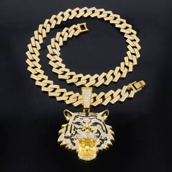Europe and the United States cool three-dimensional full diamond new oil tiger head pendant tide personality men's hip-hop necklace wholesale