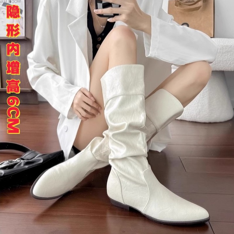 现货~内增高6cm堆堆靴女春秋季长靴骑士靴长筒靴小个子西部牛仔靴|undefined