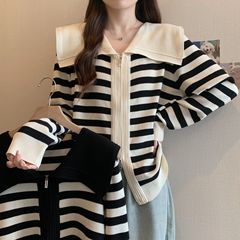 250斤大码毛衣开衫女秋冬海军领条纹长袖双拉链翻领针织衫外套