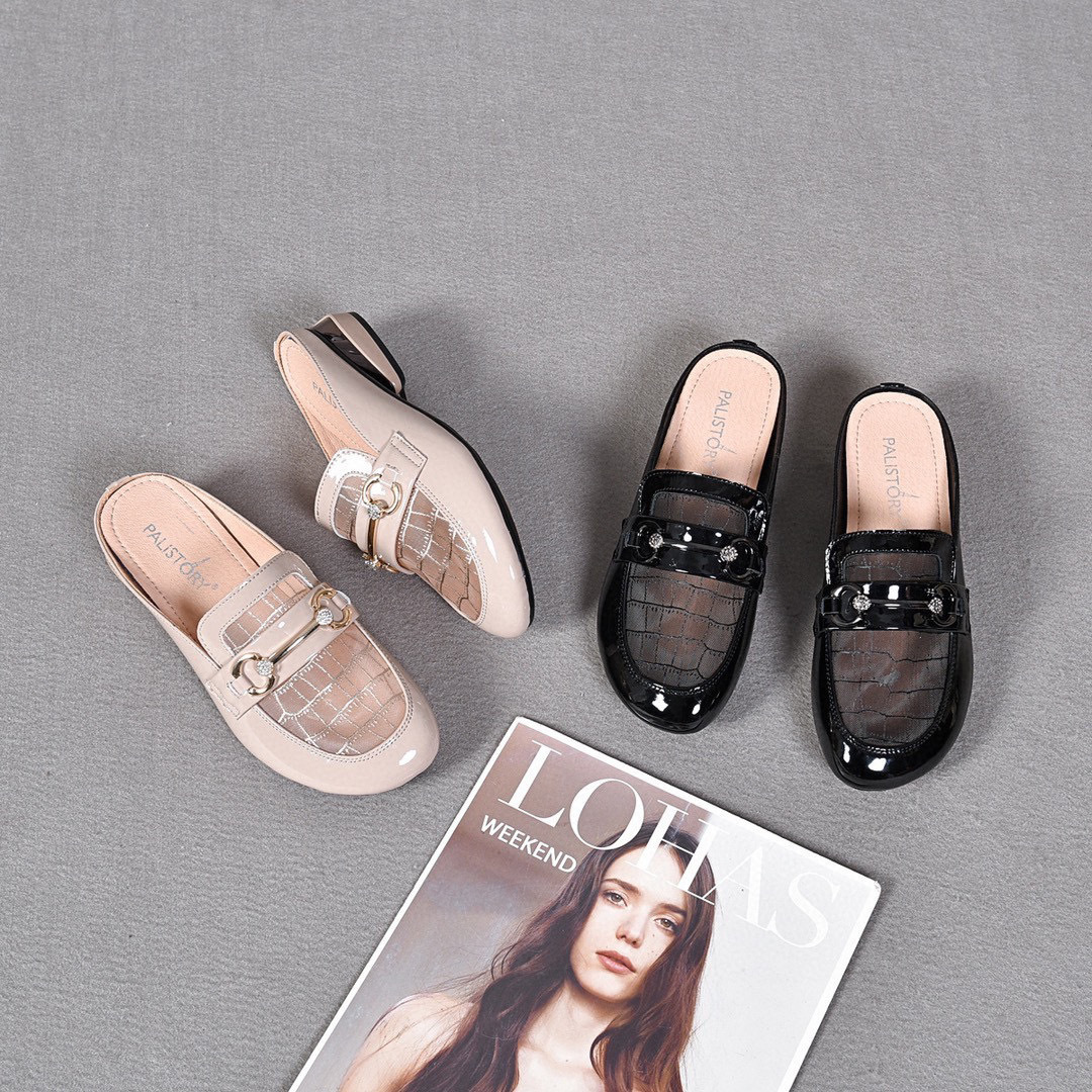 Dép sandal nữ mũi lưới da thật gót thấp 4.5 cm phong cách Anh — Đen--4.5CM chi tiết 3