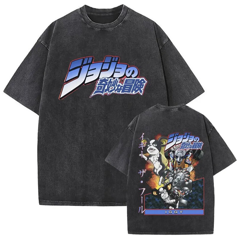 Adventure Cartoon Jojo Iki T-Shirt Women's Clothing Washed Anime Double-Sided Floral T-Shirt Men's Retro Style