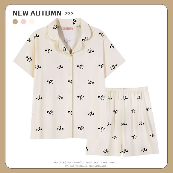 Venta al por mayor transfronteriza 180g pijamas de algodón de imitación mujeres rebeca de verano de manga corta traje de ropa de casa de dibujos animados lindo