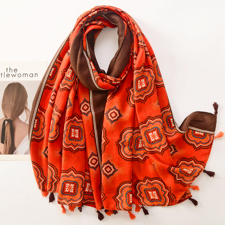 Comercio exterior suave satén algodón bufanda algodón y lino sensación seda bufanda Totem impresión borla chal Otoño e Invierno protección solar bufanda caliente