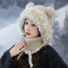 韩版秋冬季帽子女款熊耳朵可爱套头帽保暖围脖时尚百搭护耳毛绒帽