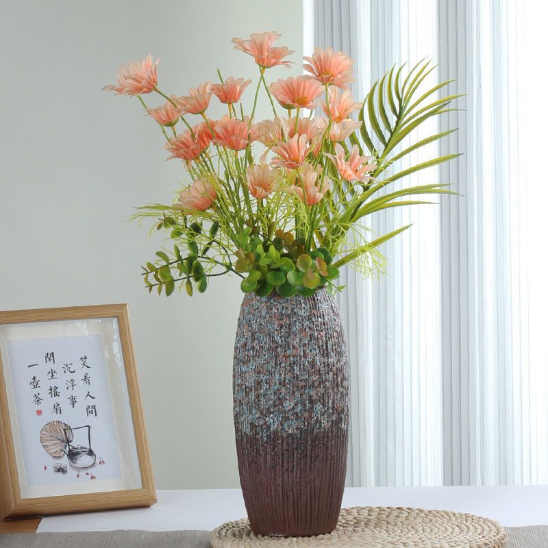 复古风长筒陶瓷花瓶鲜花干花插雪柳龙柳水培容器家居客厅桌面摆件