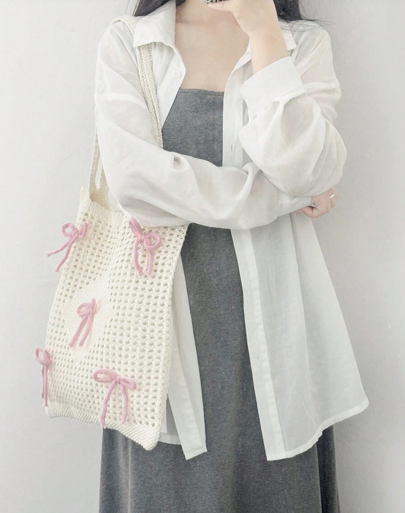 Polyester Lining Material Women's Medium Polyester Bow Knot Cute Preppy Style Knitting Hollow Square Open Square Bag