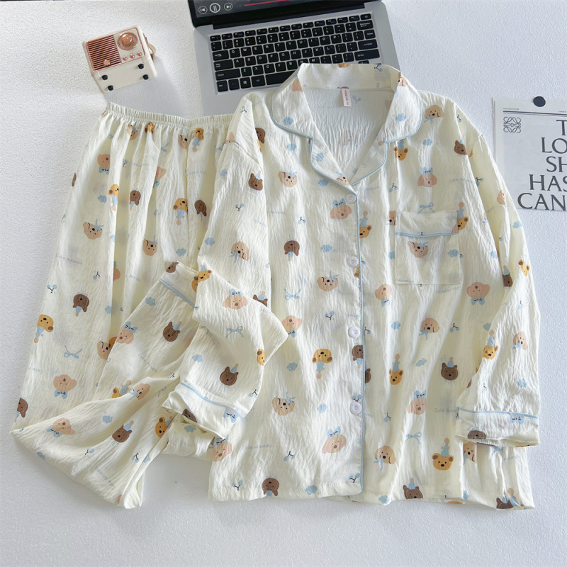 跨境直播睡衣女春秋云朵棉翻领开衫长袖长裤卡通甜美家居服女套装|undefined
