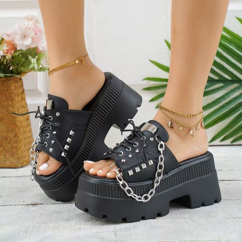 Punk Platform Spicy Girl 2025 Foreign Trade Large Size Gothic Spicy Girl Black Chain Square Toe Thick-Soled Sandals and Slippers