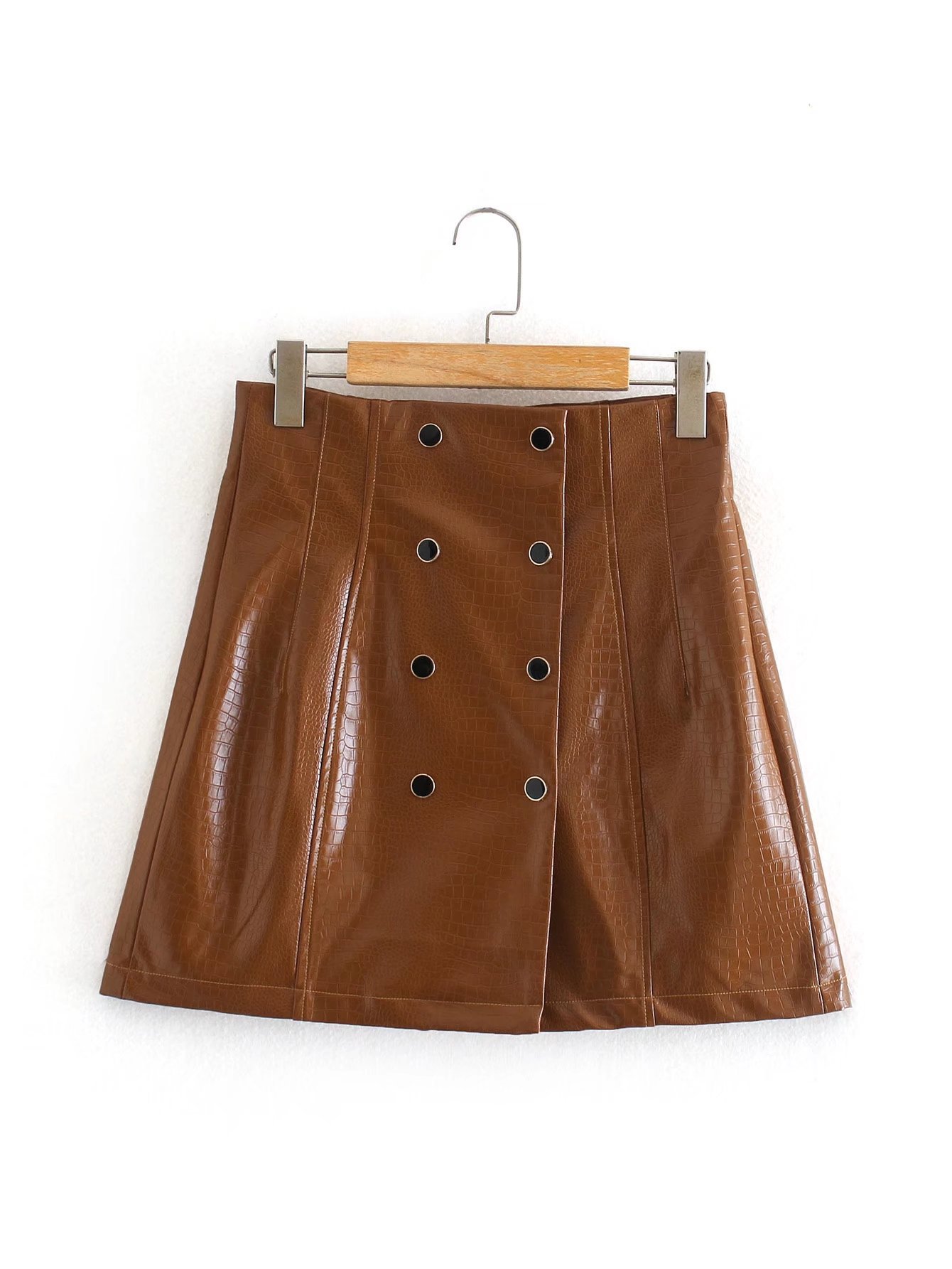 high-waist slim double-breasted faux leather skirt nihaostyles wholesale clothing NSAM84951