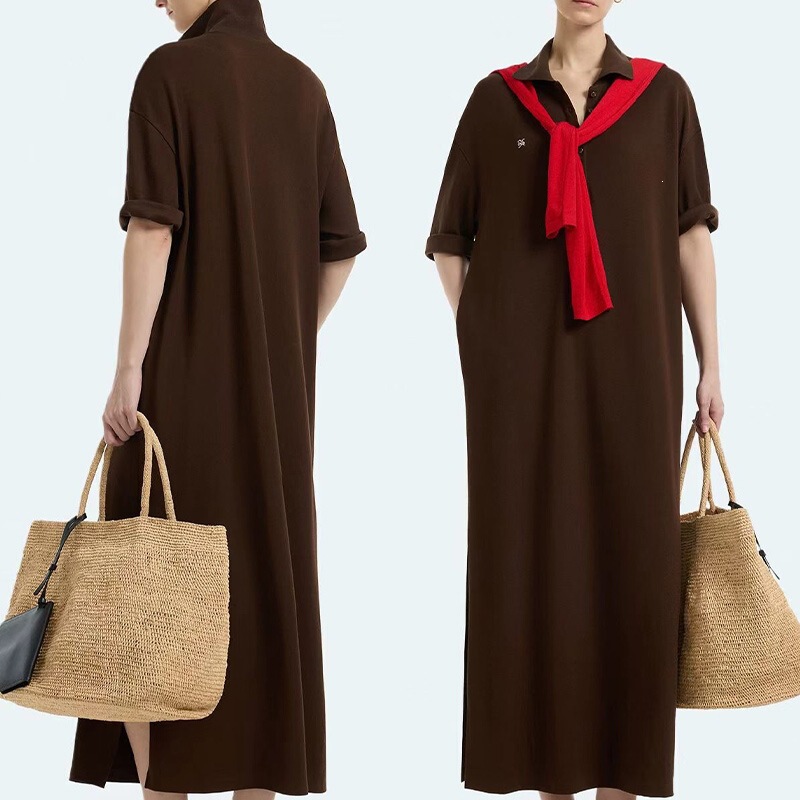 In Stock: Minimalist Style Polo Collar Dress, Short-Sleeve Casual Lazy Long T-Shirt Dress with Side Slit