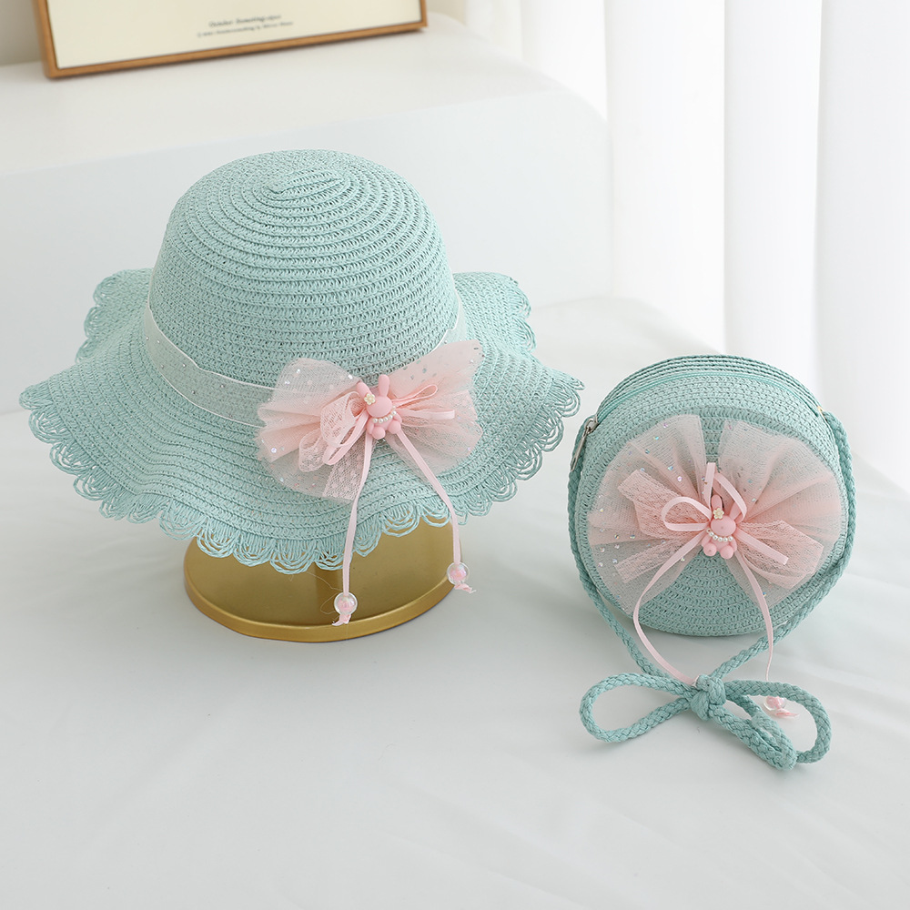 Verano nuevo sombrero para niños sombreado sombrero de paja bolso de dos piezas lindo encaje flor niña sombrero de playa al por mayor