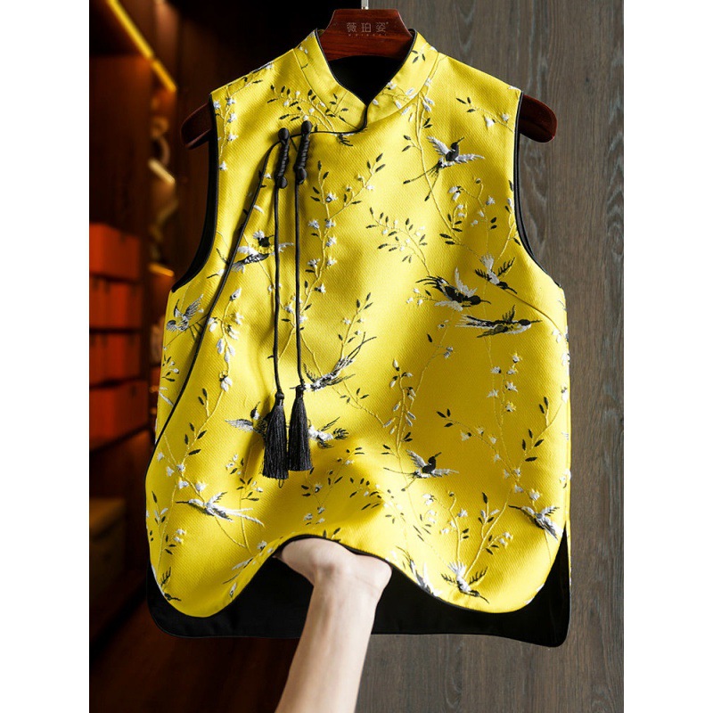 Amarillo SEDA-como brocado chaleco primavera de las Mujeres Nuevo diseño original retro bordado estilo chino hebilla superior
