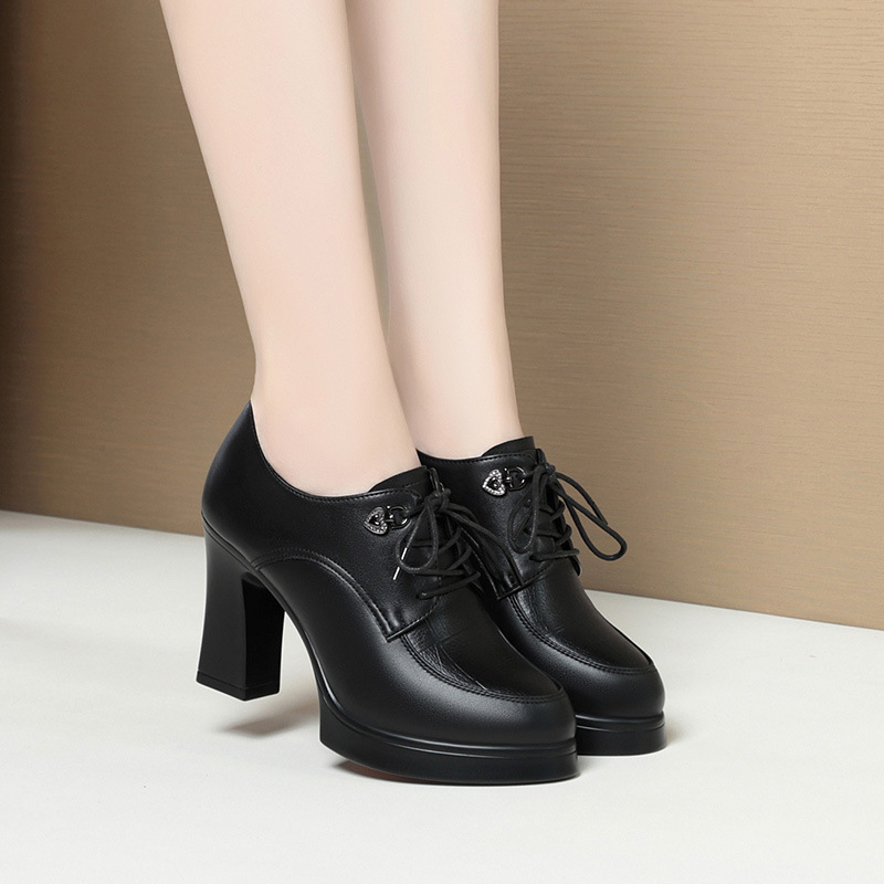 Round-Toe Waterproof Platform Shallow Mouth Large Size Middle-Aged and Elderly Women's Soft Leather Soft Sole Comfortable Thick Heel Lace-Up Women's Shoes